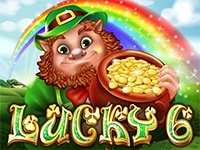 Leprechaun with pot of gold and Lucky 6 logo